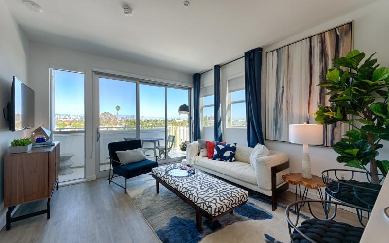 a living room with a large window