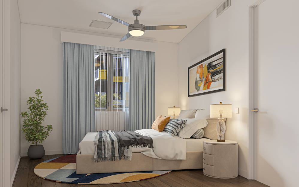 B3 - 1 bedroom floorplan layout with 1 bathroom and 723 square feet (Bedroom, 3D)