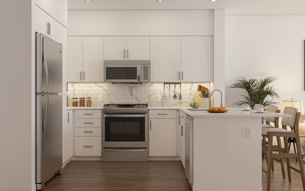 B3 - 1 bedroom floorplan layout with 1 bathroom and 723 square feet (Kitchen, 3D)