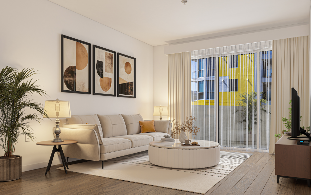 B3 - 1 bedroom floorplan layout with 1 bathroom and 723 square feet (Living Area, 3D)
