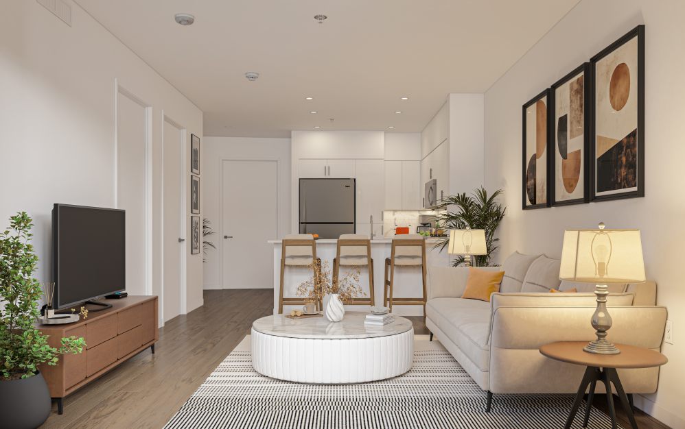 B3 - 1 bedroom floorplan layout with 1 bathroom and 723 square feet (Living Area, 3D)